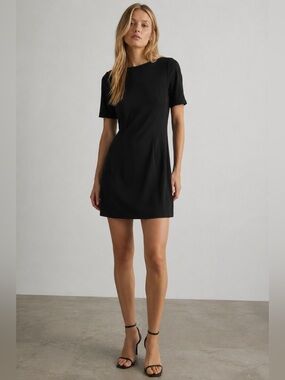 Theory Black Short-Sleeve Mini Dress with Tailored Seams
